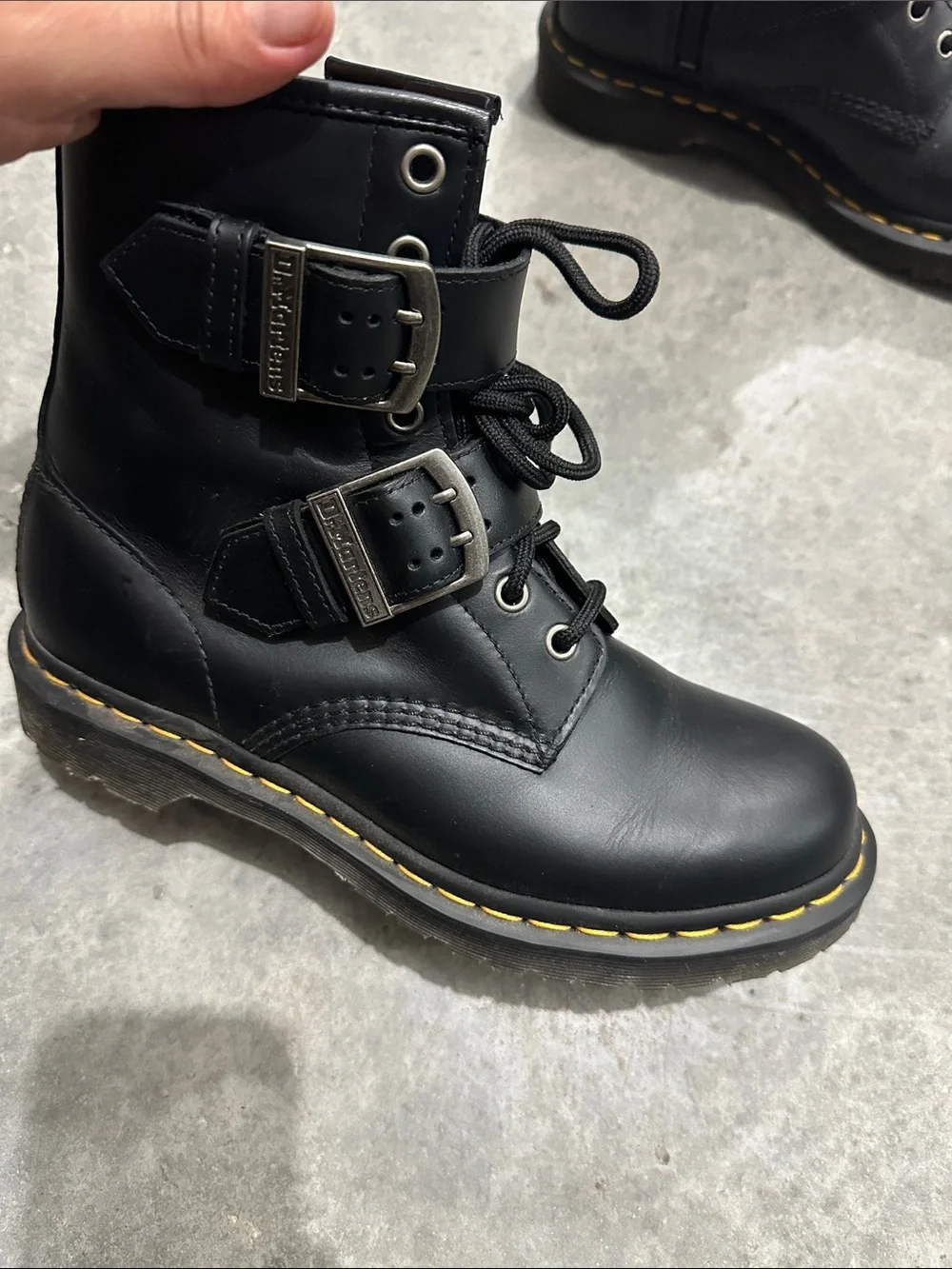 Dr. Martens Black Leather Lace-Up Buckle Combat Boots with Yellow Stitching - Picture 4 of 4